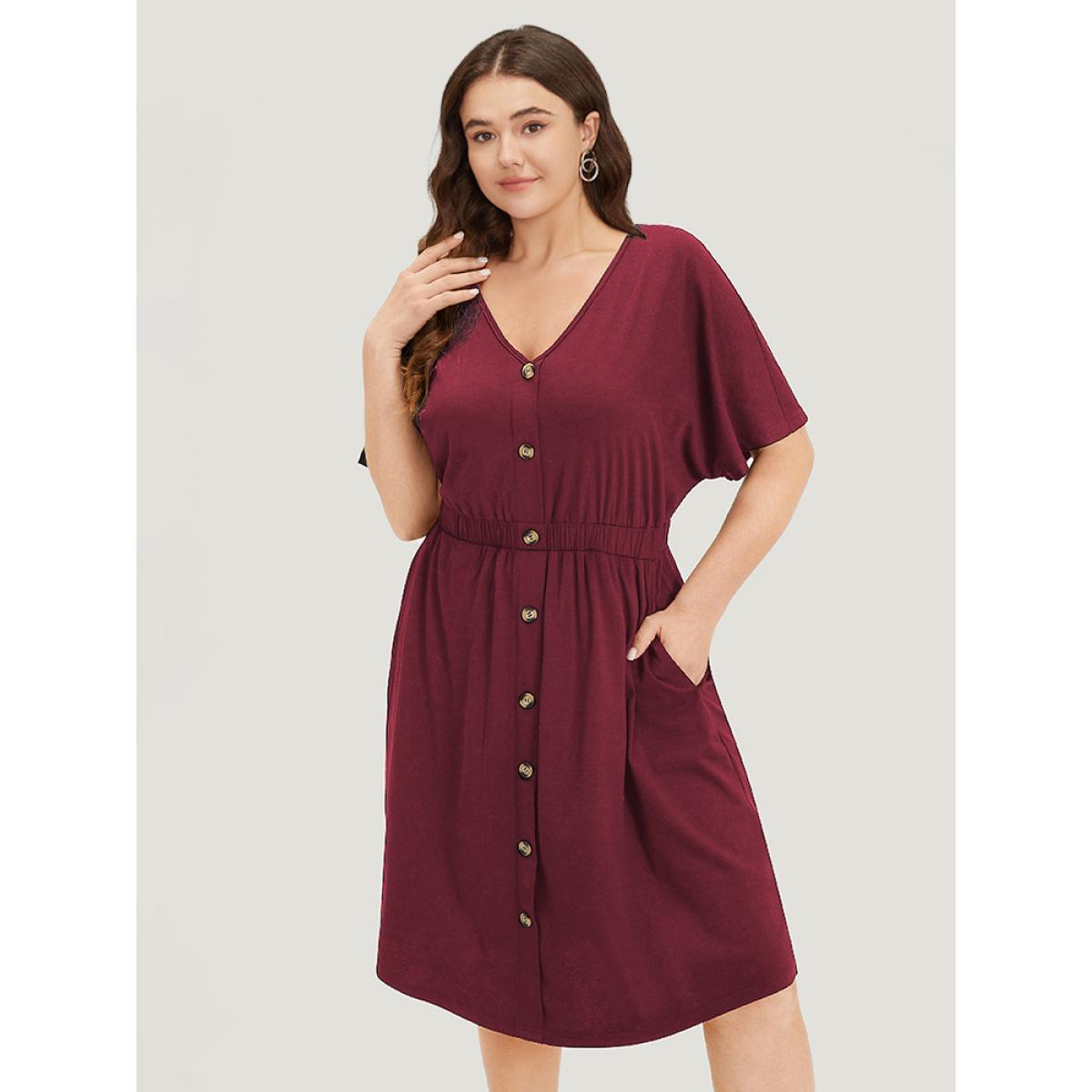 Plus Size Supersoft Essentials Contrast Button Detail Shirred Pocket Dress Scarlet Women Casual Plain V-neck Short sleeve Curvy Midi Dress BloomChic 18-20/2X Product Image