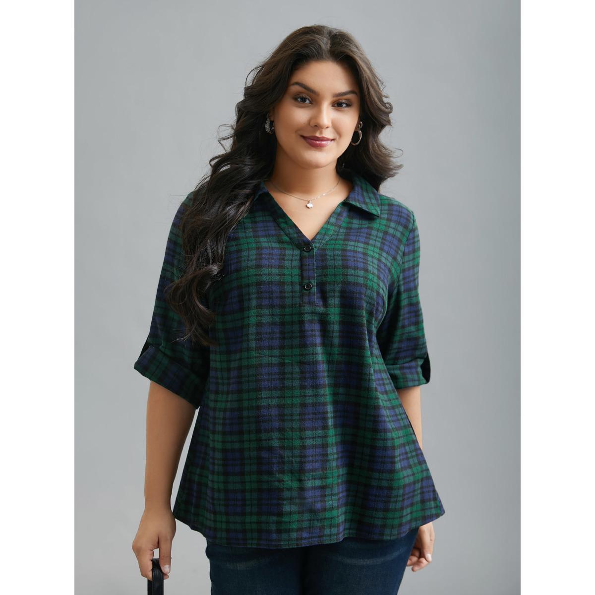 Plus Size DarkGreen Plaid Print Tab Sleeve Blouse Women At the Office Elbow-length sleeve Shirt collar Work Blouses BloomChic 18-20/2X Product Image