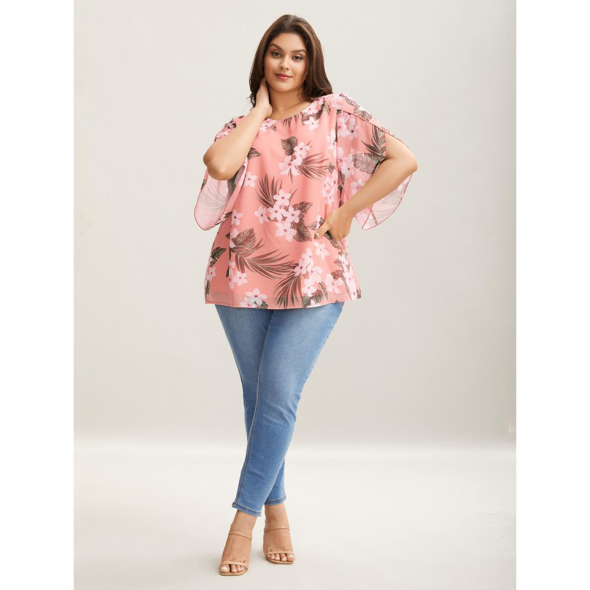 Plus Size MistyRose Petal Sleeve Floral Round Neck Shirt Women Elegant Elbow-length sleeve Round Neck Everyday Blouses BloomChic 26/4X Product Image