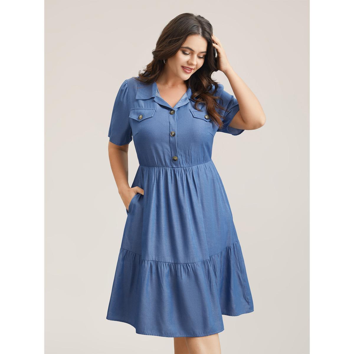 Plus Size Fake Denim Stretchy-Waist Placket Midi Dress LightBlue Women Casual Button Shirt collar Short sleeve Curvy BloomChic 30/6X Product Image