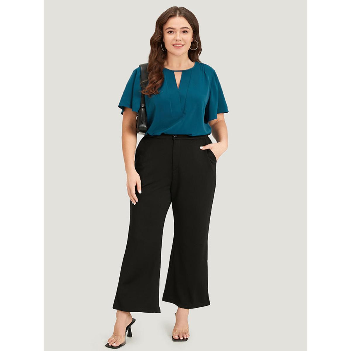 Plus Size Cyan Plain Cut Out Flutter Sleeve Pleated Blouse Women Office Short sleeve V-neck Work Blouses BloomChic 10/M Product Image