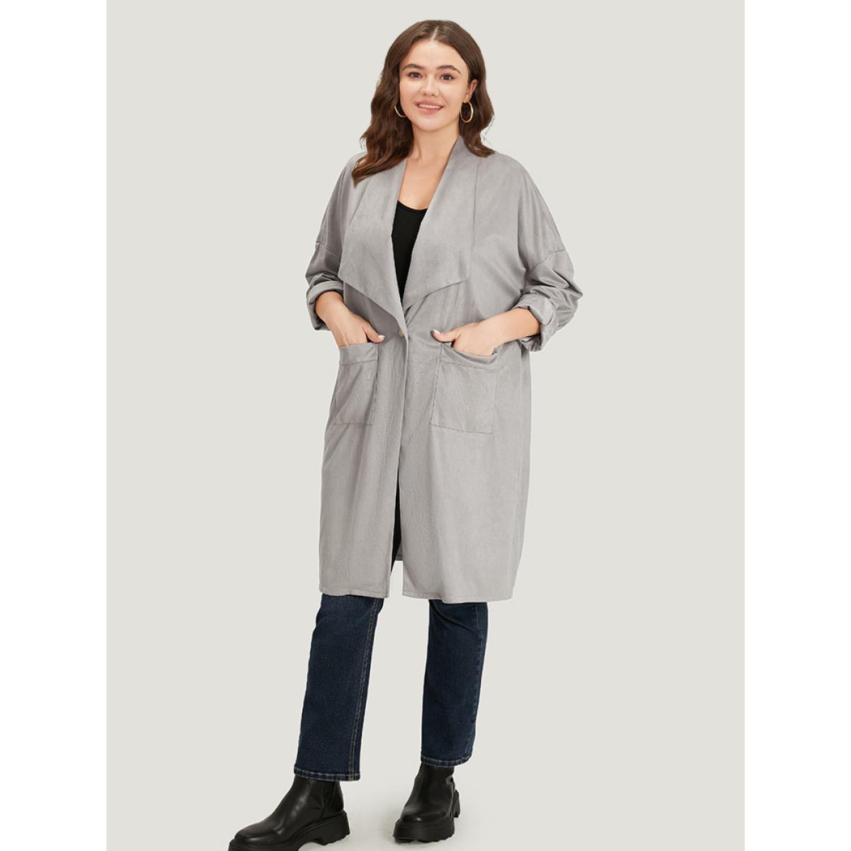 Plus Size Solid Lapel Collar Patched Pocket Faux Suede Coat Women DarkGray Casual Plain Ladies Dailywear Winter Coats BloomChic 26/4X Product Image