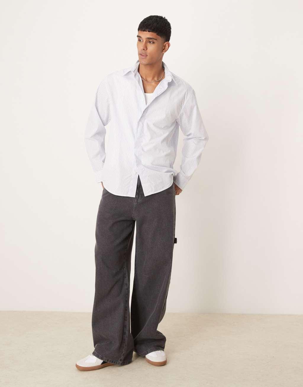 Selected Homme boxy oversized shirt in cream gray stripe Product Image