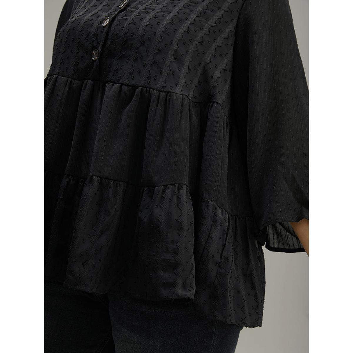 Plus Size Black Plain Textured V Neck Elastic Waist Ruffle Hem Blouse Women Elegant Elbow-length sleeve V-neck Dailywear Blouses BloomChic 22-24/3X Product Image