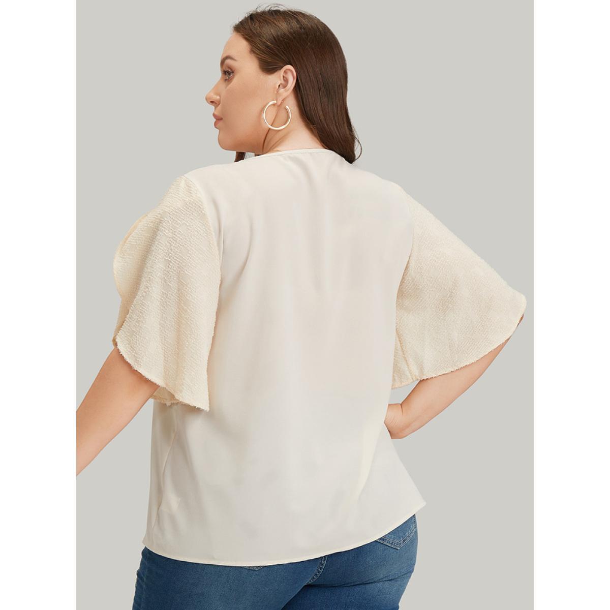 Plus Size Ivory Anti-Wrinkle Solid Patchwork Petal Sleeve Notched Blouse Women Office Half Sleeve Notched collar Work Blouses BloomChic 12/L Product Image