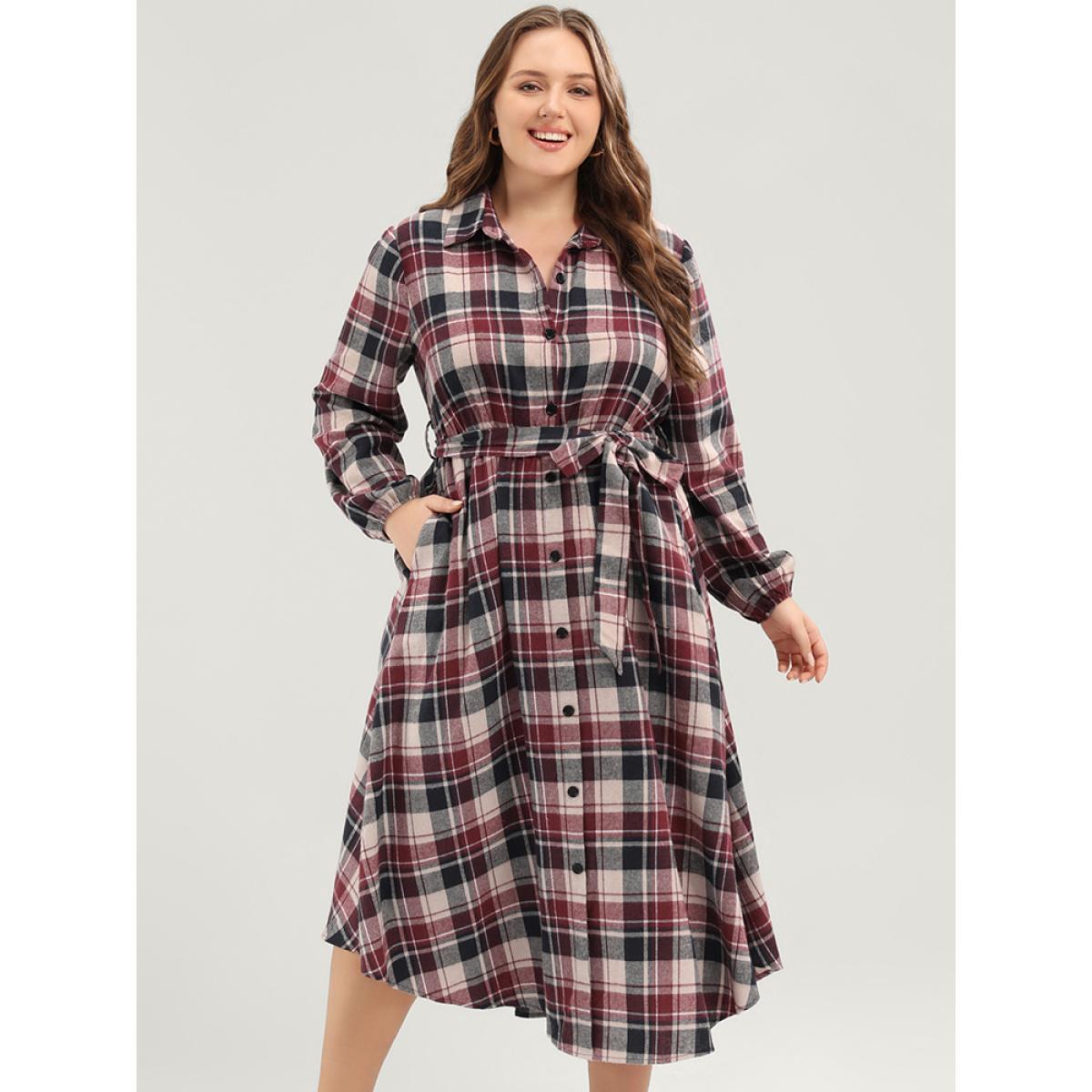 Plus Size Plaid Shirt Collar Pocket Belted Lantern Sleeve Button Up Dress Burgundy Women Elegant Shirt collar Long Sleeve Curvy Midi Dress BloomChic 14-16/1X Product Image