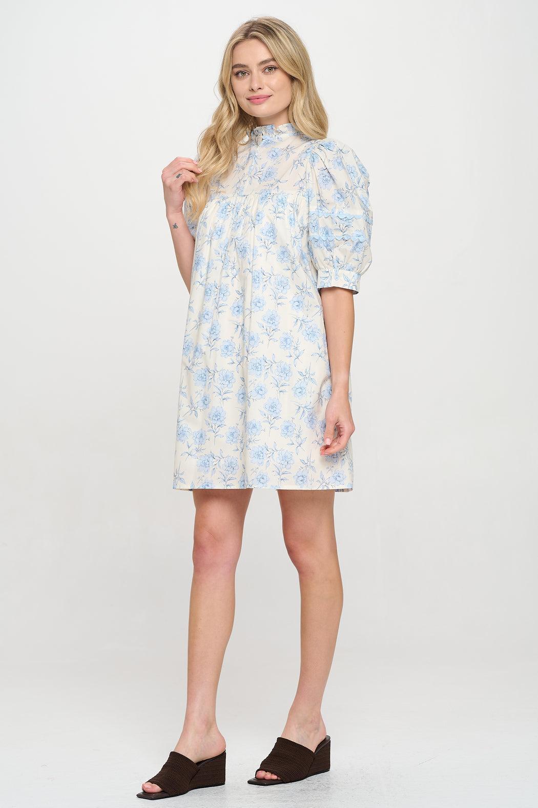 Azure Floral Short Sleeve Dress Product Image