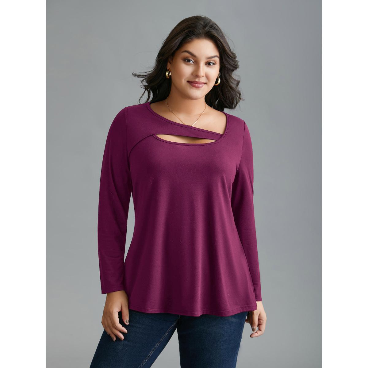 Plus Size Asymmetrical Neckline Long Sleeve T-shirt Deeppurplered Women Casual Cut-Out Asymmetrical Neck Everyday T-shirts BloomChic 10/M Product Image
