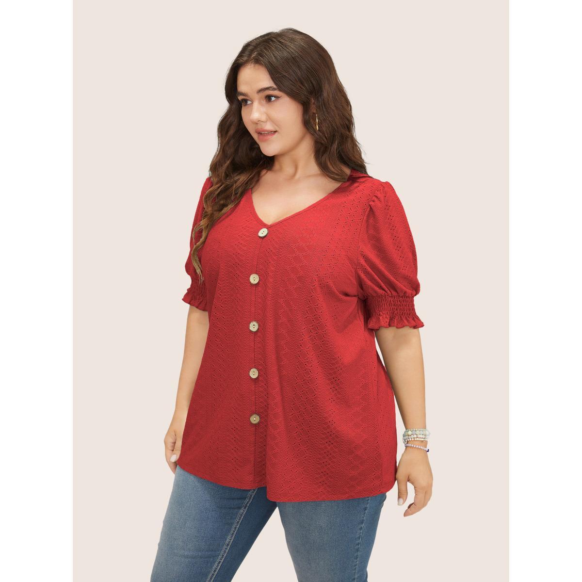 Plus Size Plain Broderie Anglaise Shirred Puff Sleeve Button Detail T-shirt Blue Women Casual Button Plain V-neck Everyday T-shirts BloomChic 14-16/1X Product Image