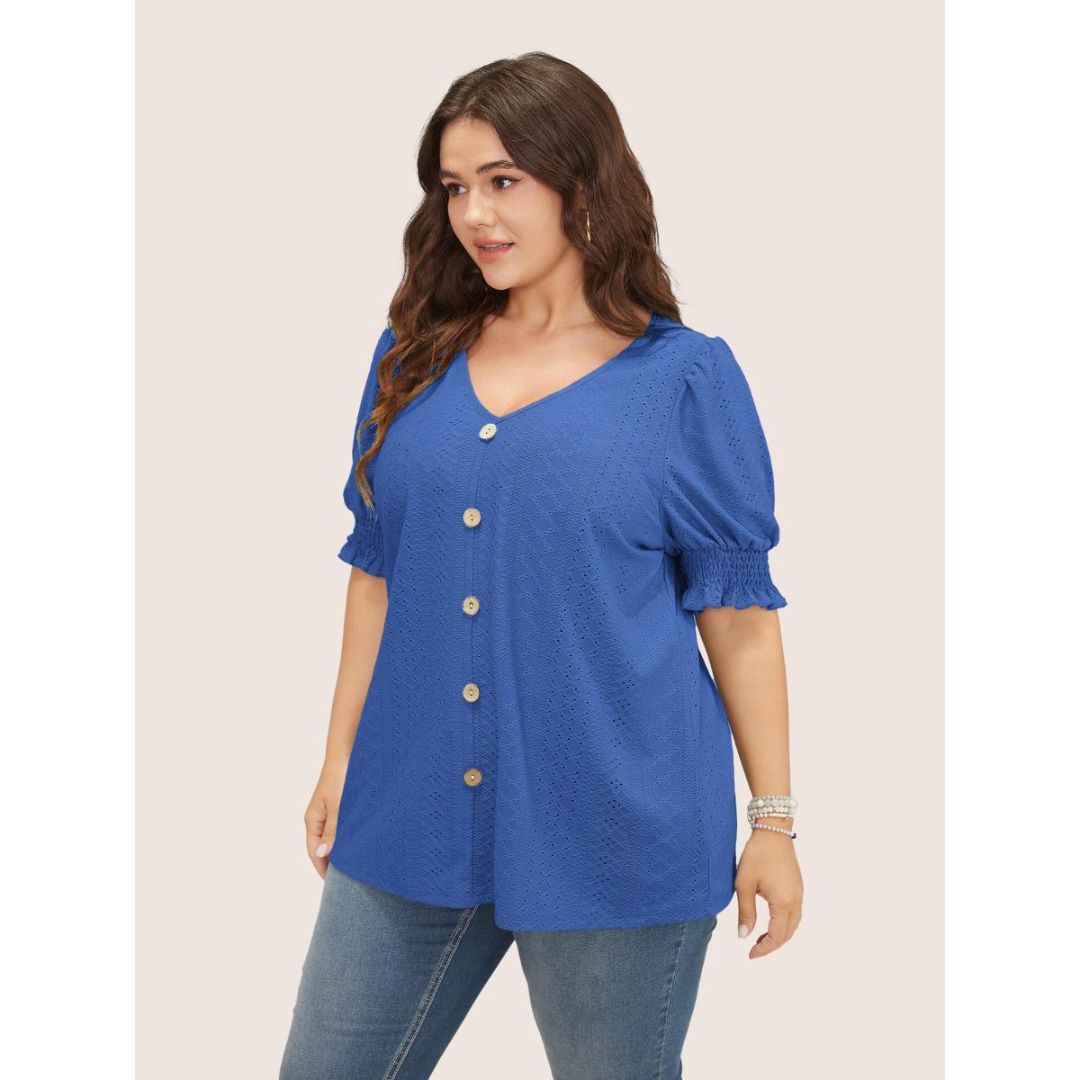 Plus Size Plain Broderie Anglaise Shirred Puff Sleeve Button Detail T-shirt Blue Women Casual Button Plain V-neck Everyday T-shirts BloomChic 14-16/1X Product Image