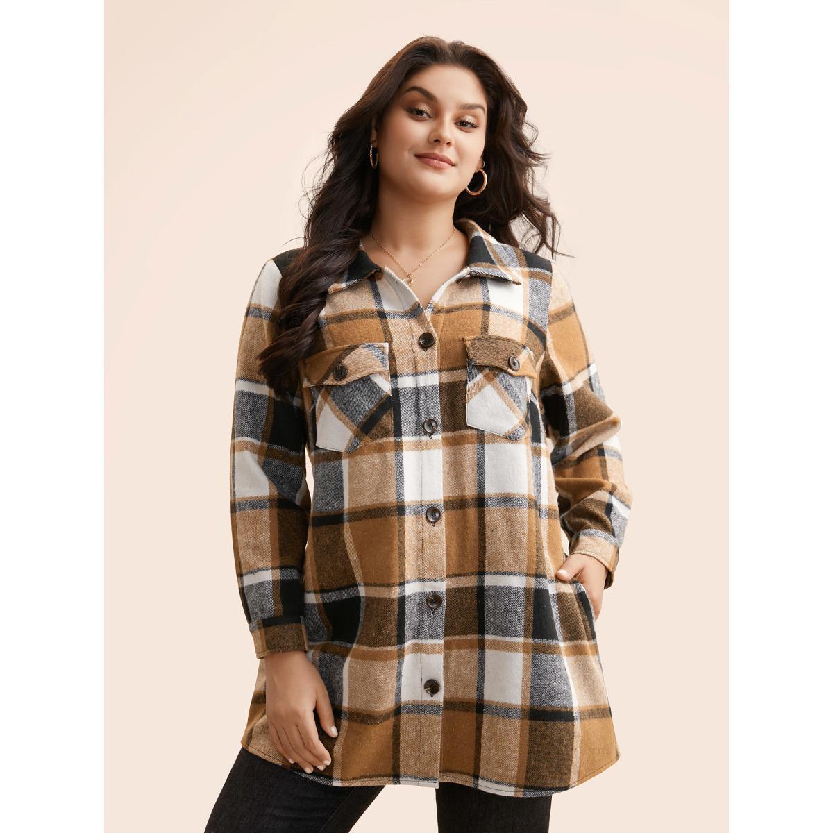 Plus Size Plaid Chest Pockets Long Jacket Women Bronze Button Loose Side seam pocket Everyday Jackets BloomChic 30/6X Product Image