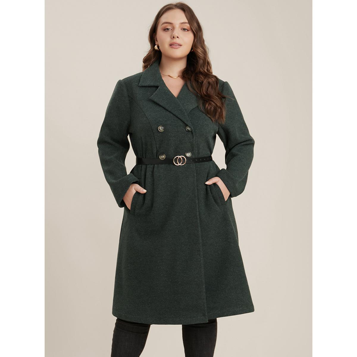 Plus Size Solid Pocket Double Breasted Heather Overlap Collar Coat Women DarkGreen Casual Plain Bodycon Ladies Dailywear Winter Coats BloomChic 28/5X Product Image