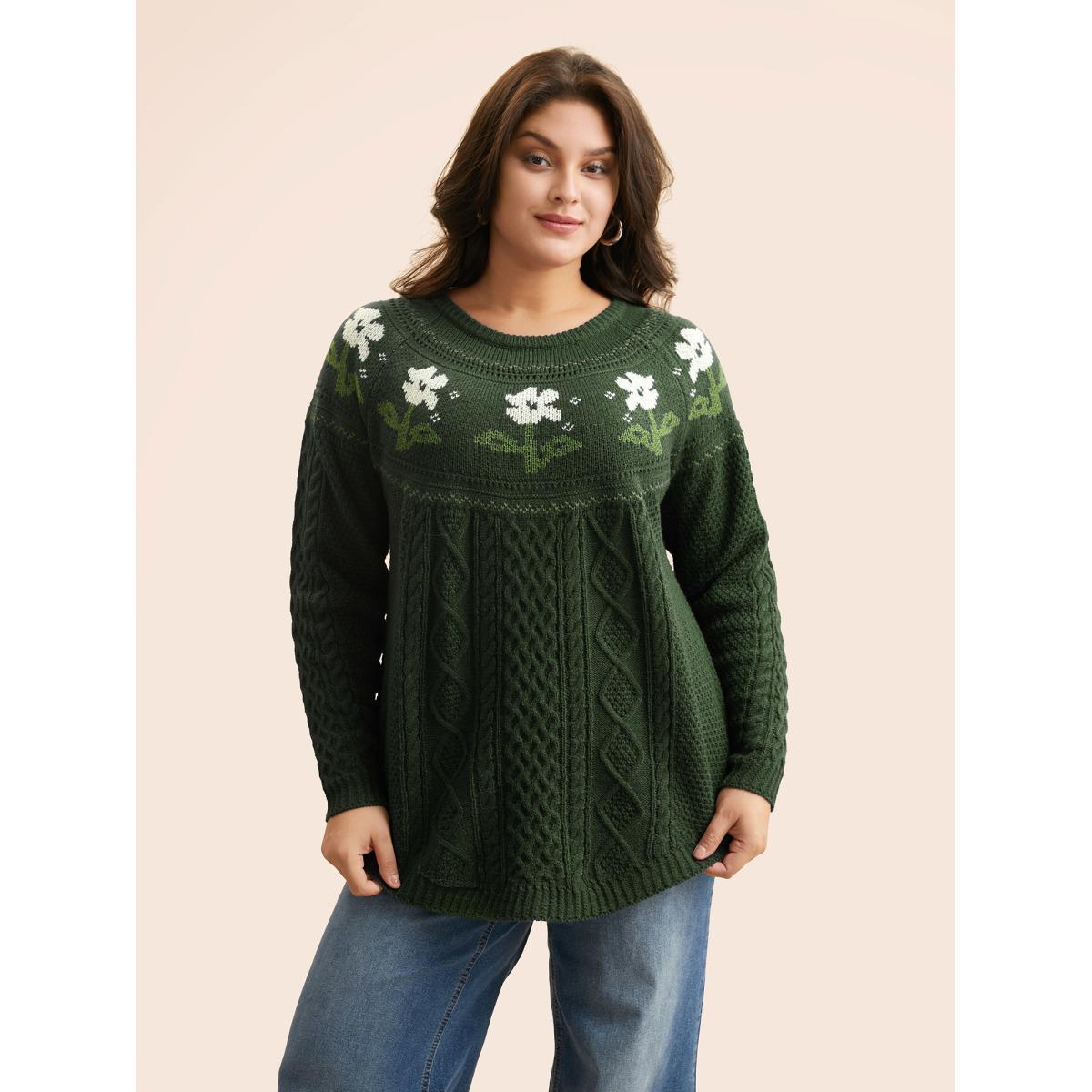 Plus Size Floral Jacquard Raglan Sleeve Pullover Deeppurple Women Casual Long Sleeve Round Neck Everyday Pullovers BloomChic 30/6X Product Image