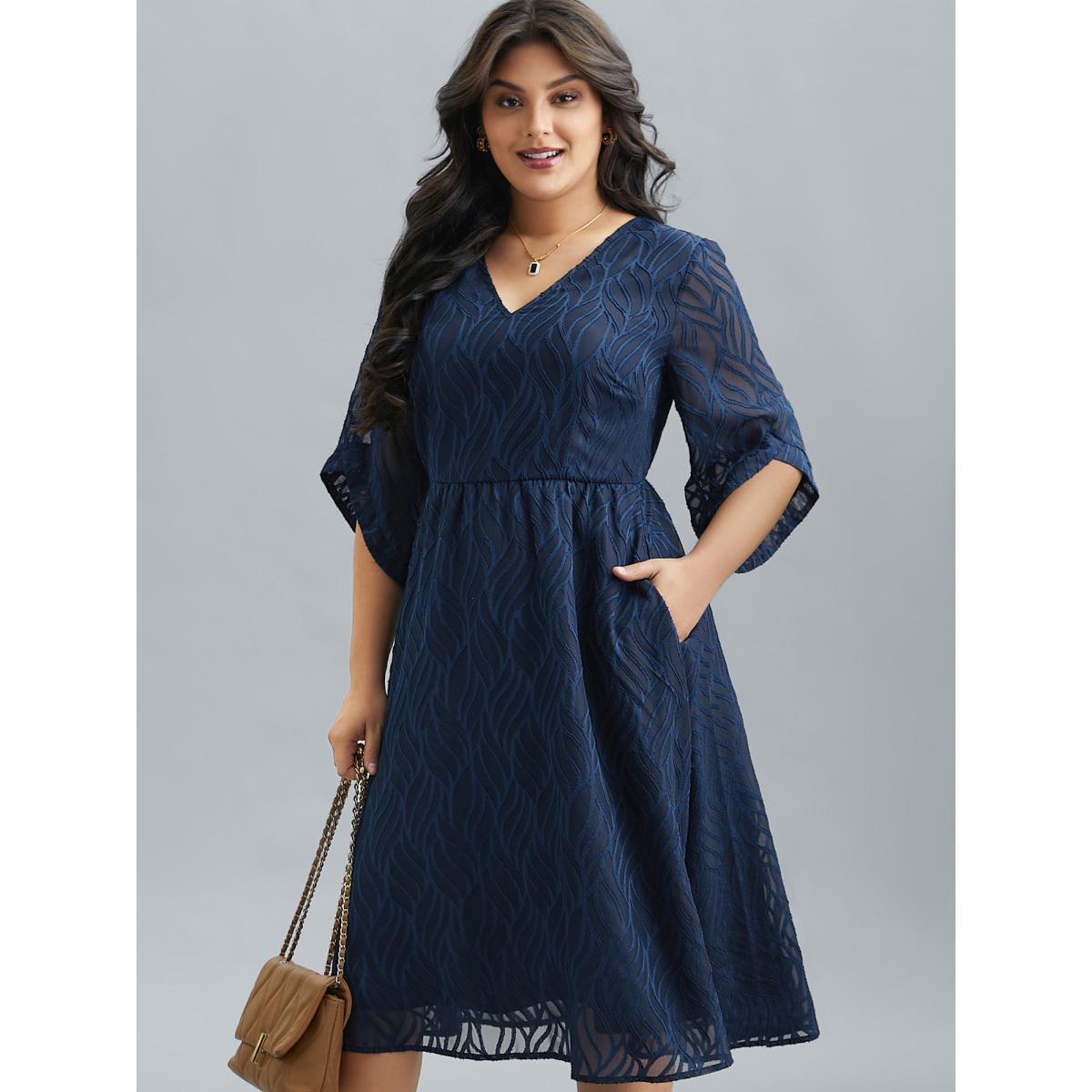 Plus Size Chiffon Textured Sheer Sleeve Midi Dress Navy Women At the Office Texture V-neck Elbow-length sleeve Curvy BloomChic 18-20/2X Product Image