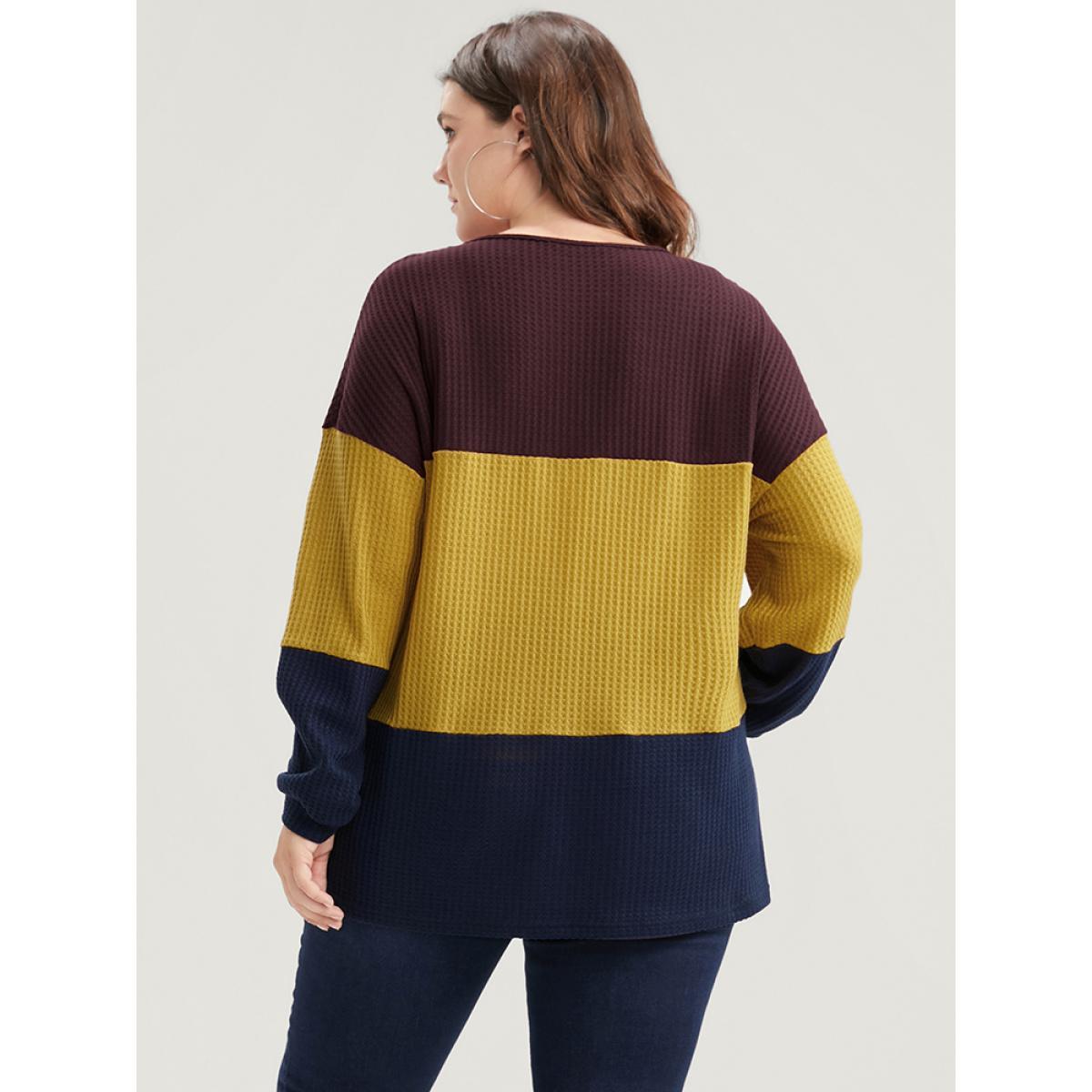 Plus Size Colorblock Contrast Button Detail Waffle Knit Sweatshirt Women Multicolor Casual Patchwork V-neck Dailywear Sweatshirts BloomChic 26/4X Product Image