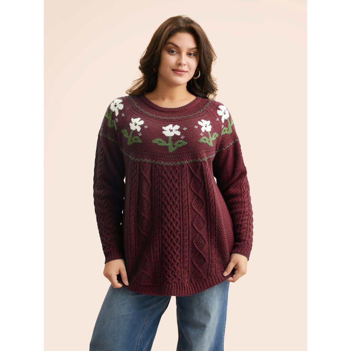 Plus Size Floral Jacquard Raglan Sleeve Pullover Deepred Women Casual Long Sleeve Round Neck Everyday Pullovers BloomChic 26/4X Product Image