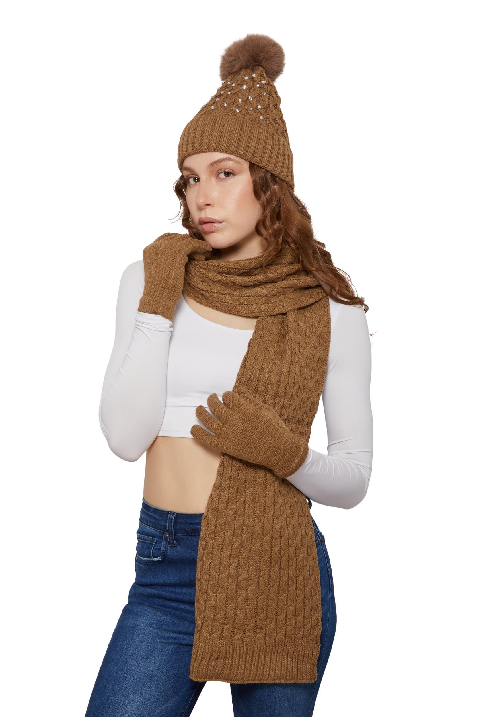 Womens Rhinestone Beanie with Cable Knit Scarf and Gloves Product Image