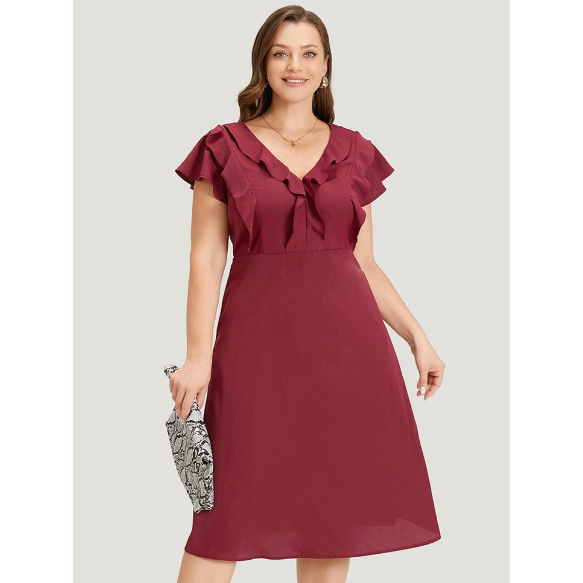 Plus Size Plain Ruffle Trim Pocket Cap Sleeve Midi Dress Scarlet Women Office Plain V-neck Sleeveless Curvy Midi Dress BloomChic 30/6X Product Image