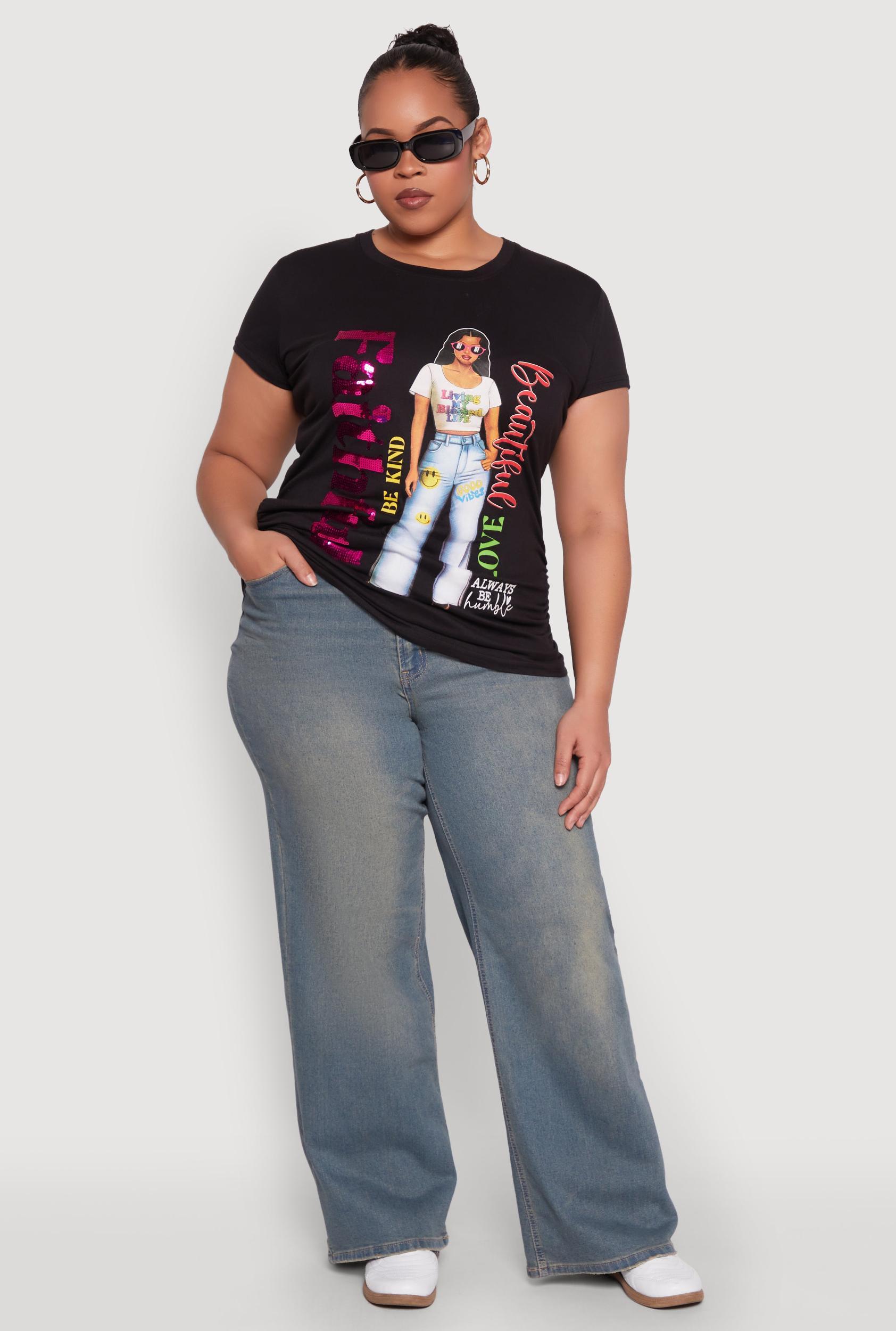 Womens Plus Size Ruched Sequin Faithful Graphic Tee Product Image