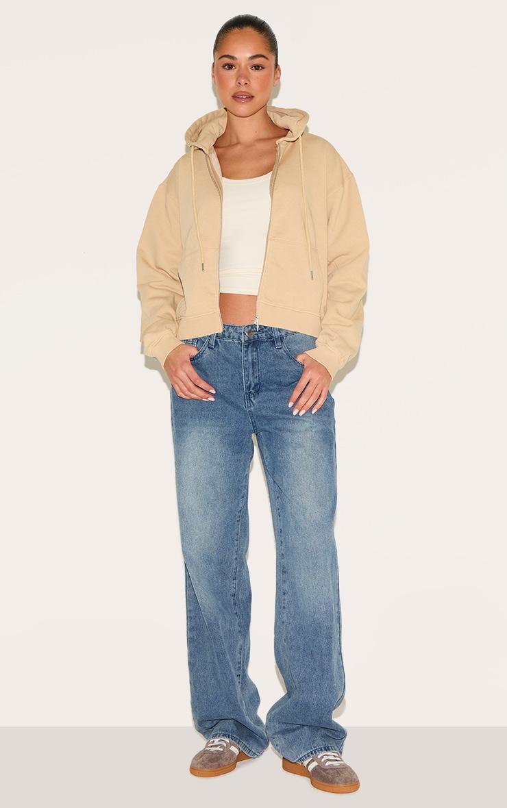 PRETTYLITTLETHING Stone Washed Embroidered Zip Up Hoodie Product Image
