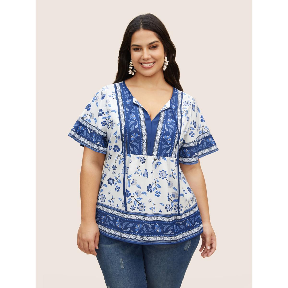 Plus Size Aegean Boho Print Tie Knot Ruffle Sleeve Blouse Women Resort Short sleeve Flat collar with V-notch Vacation Blouses BloomChic 28/5X Product Image