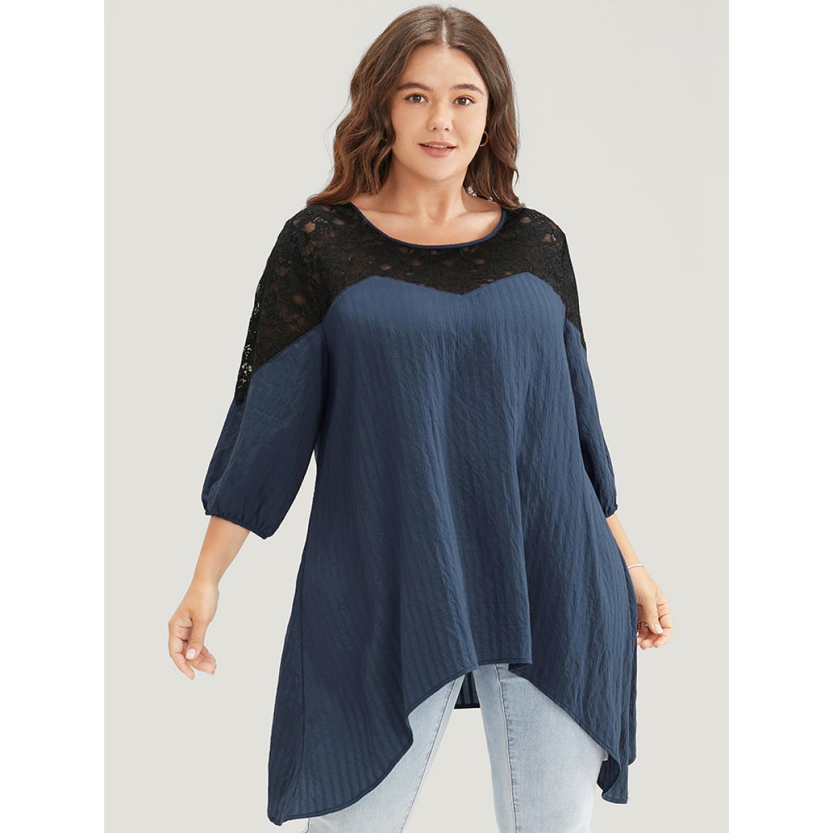 Plus Size Indigo Plain Contrast Lace Asymmetrical Lantern Sleeve Blouse Women Elegant Elbow-length sleeve V-neck Dailywear Blouses BloomChic 10/M Product Image