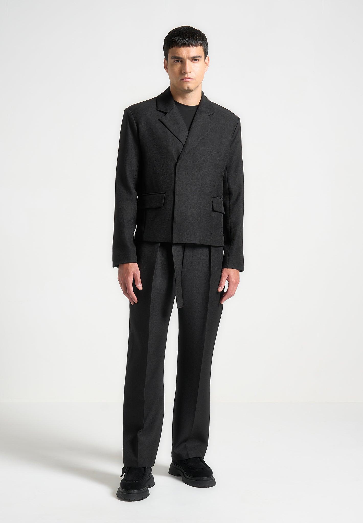 Relaxed Fit Textured Belted Tailored Trousers - Black Male Product Image