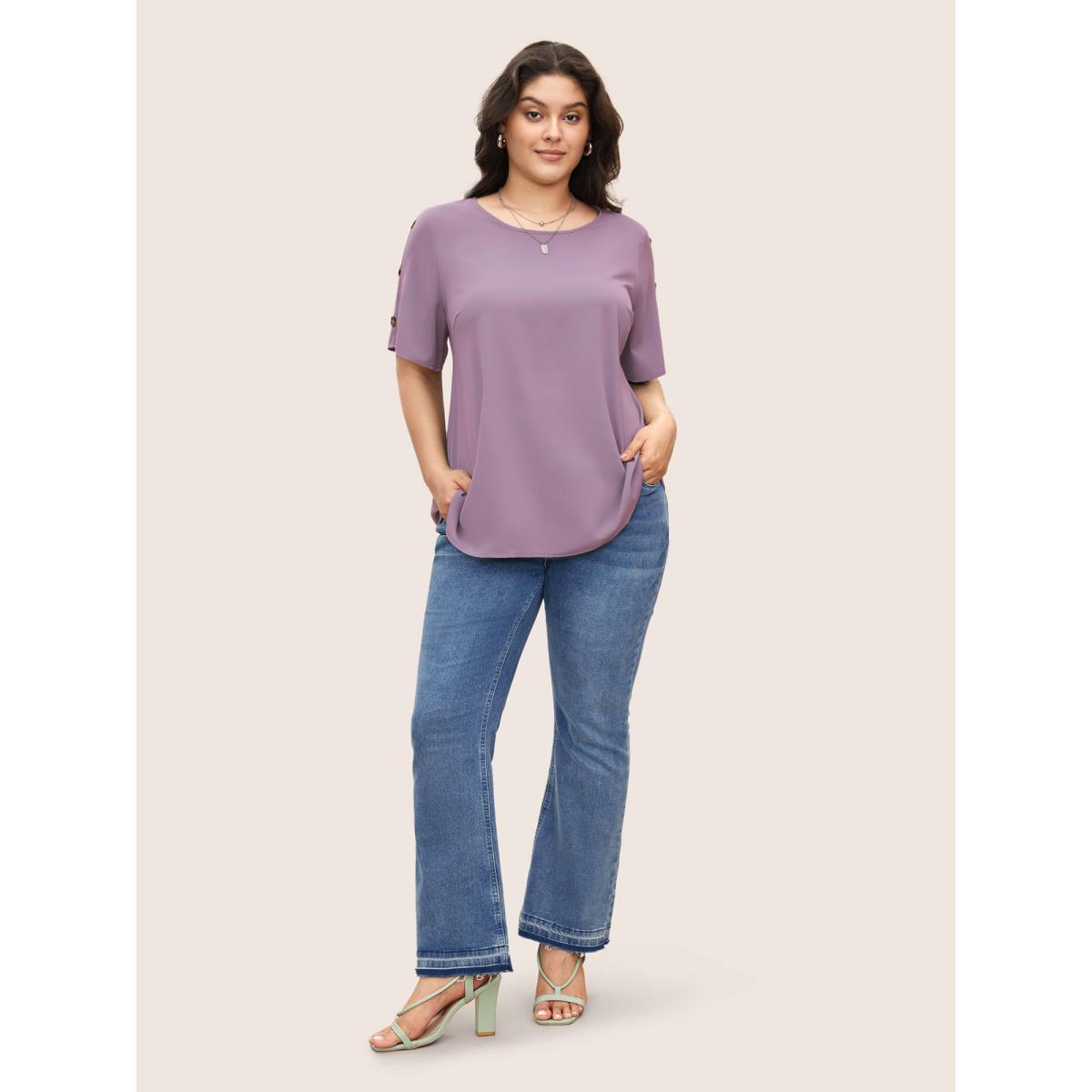 Plus Size Mauve Plain Round Neck Button Detail Blouse Women Casual Short sleeve Round Neck Everyday Blouses BloomChic 30/6X Product Image