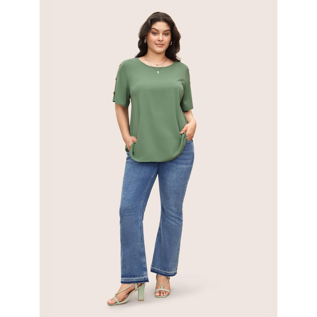 Plus Size Mint Plain Round Neck Button Detail Blouse Women Casual Short sleeve Round Neck Everyday Blouses BloomChic 26/4X Product Image