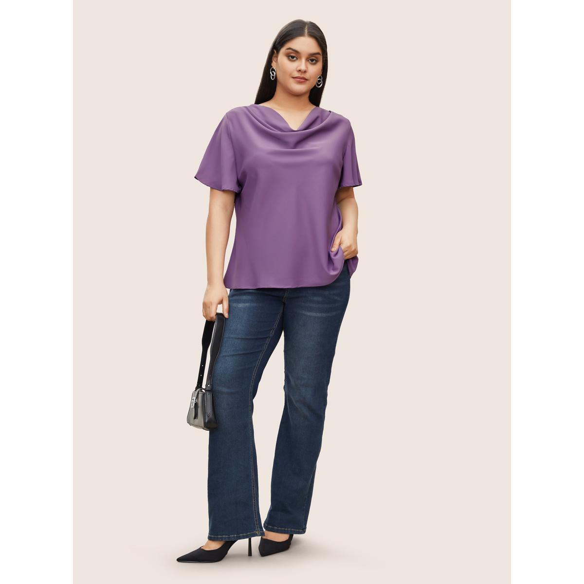 Plus Size Mauve Plain Cowl Neck Ruffle Sleeve Blouse Women Work From Home Short sleeve Cowl Neck Work Blouses BloomChic 18-20/2X Product Image