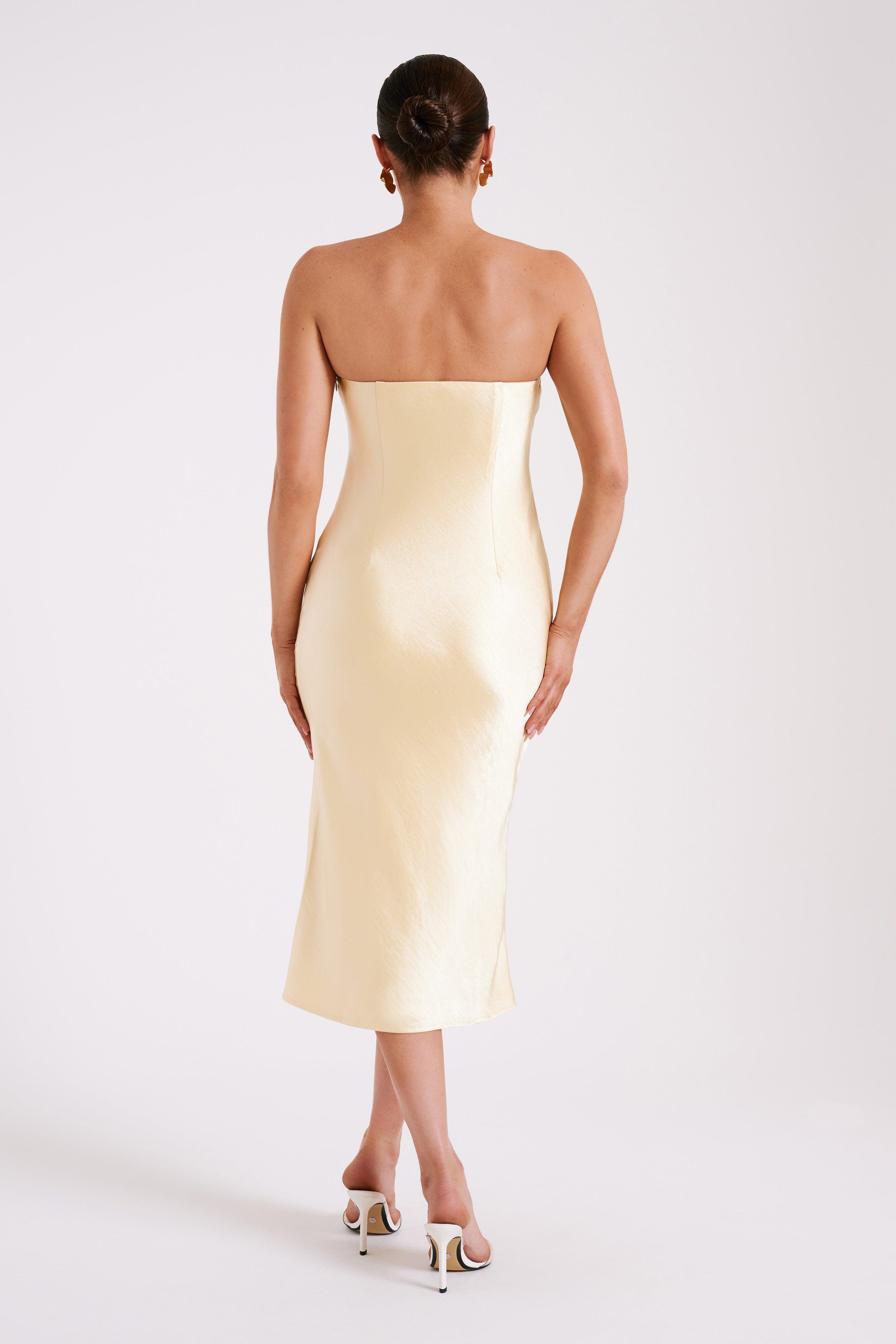 Tyler Strapless Satin Midi Dress - Butter Product Image