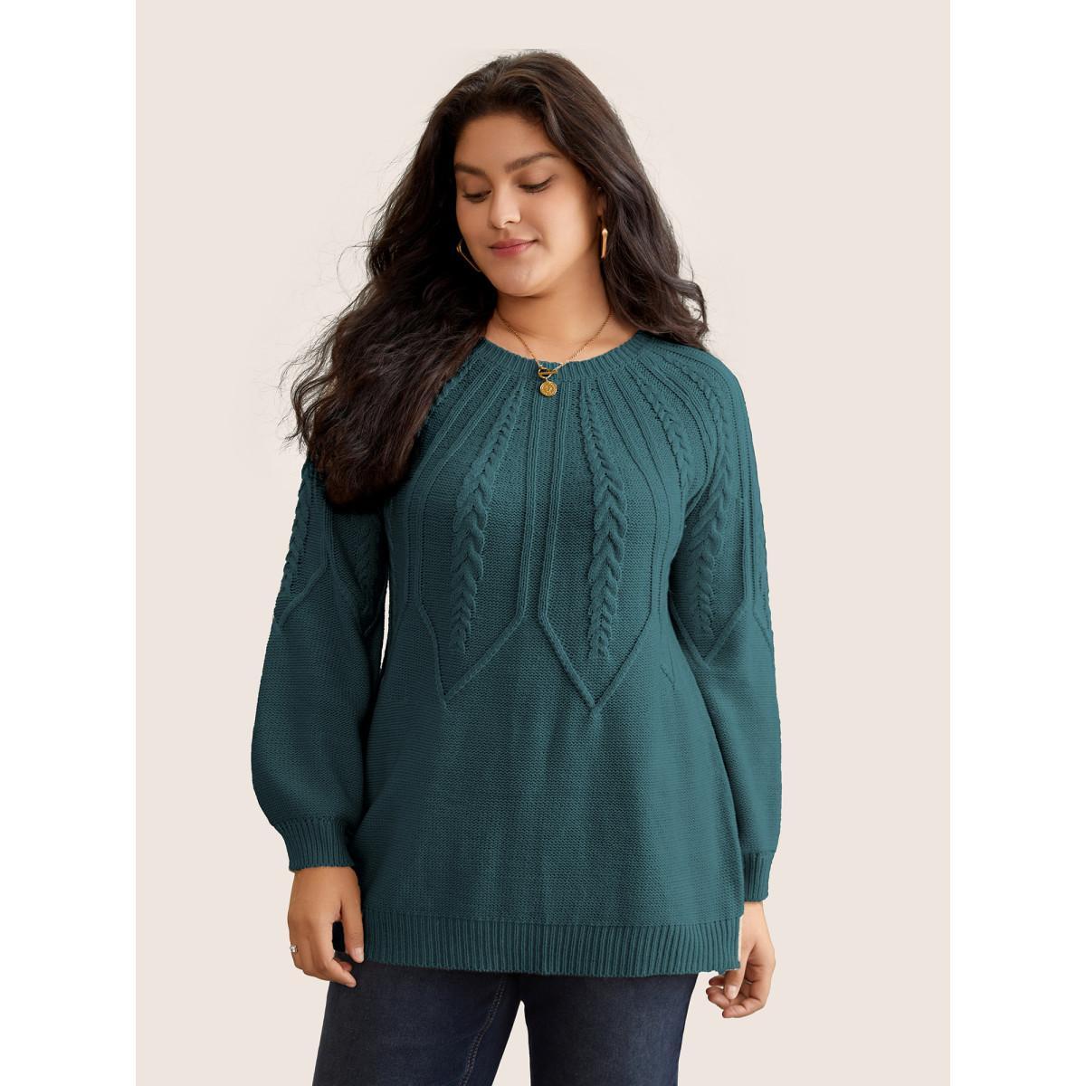 Plus Size Solid Textured Lantern Sleeve Pullover Cyan Women Basics Long Sleeve Round Neck Everyday Pullovers BloomChic 12/L Product Image