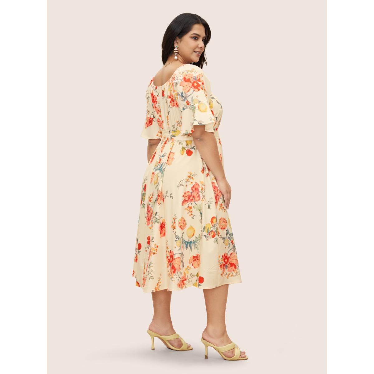 Plus Size Citrus Orange Print Square Neck Ruffles Gathered Dress Apricot Women Elegant Gathered Square Neck Half Sleeve Curvy Midi Dress BloomChic 18-20/2X Product Image