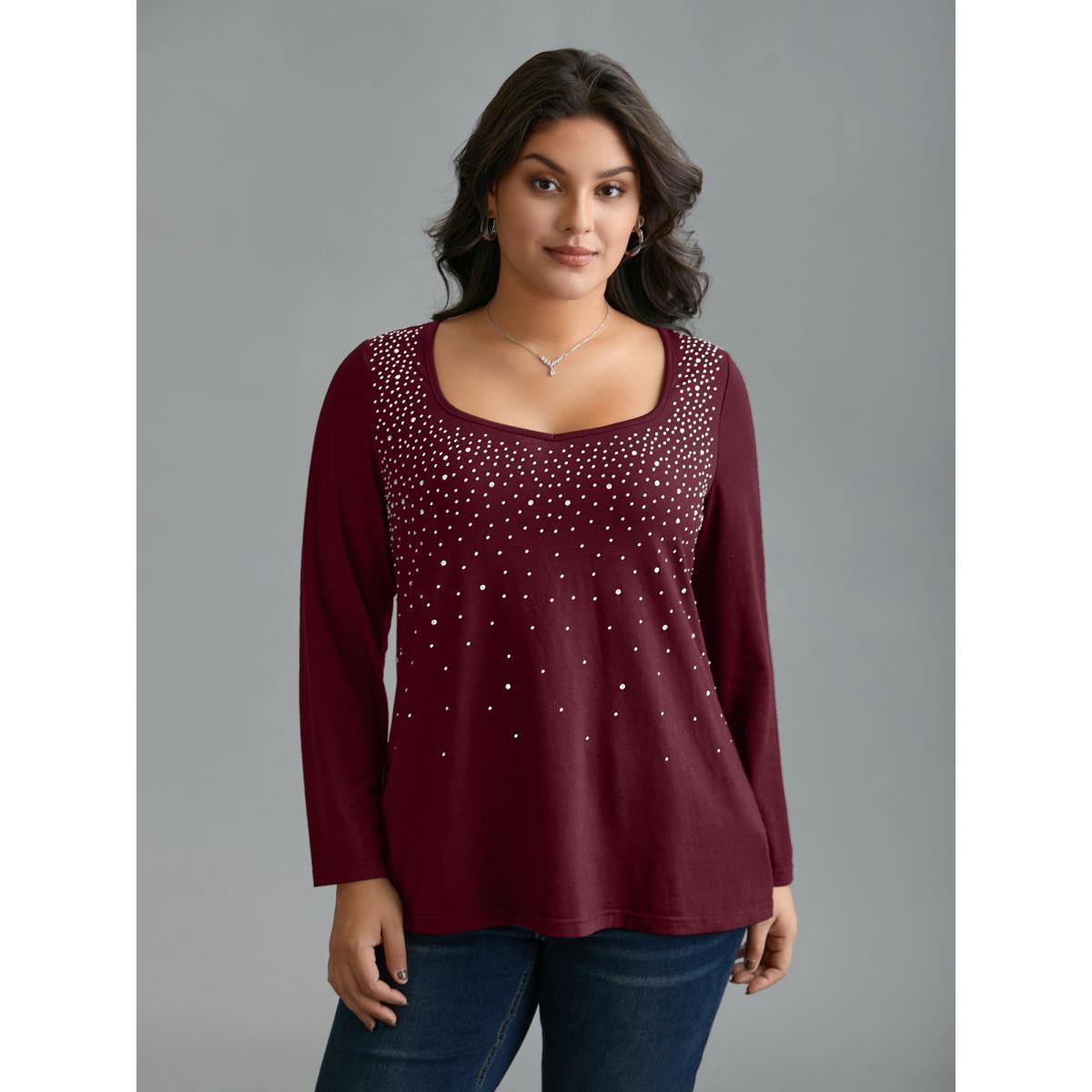 Plus Size Sequin Stretchy Long Sleeve T-shirt Burgundy Women Elegant Rhinestone detailing Heart neckline Everyday T-shirts BloomChic 10/M Product Image