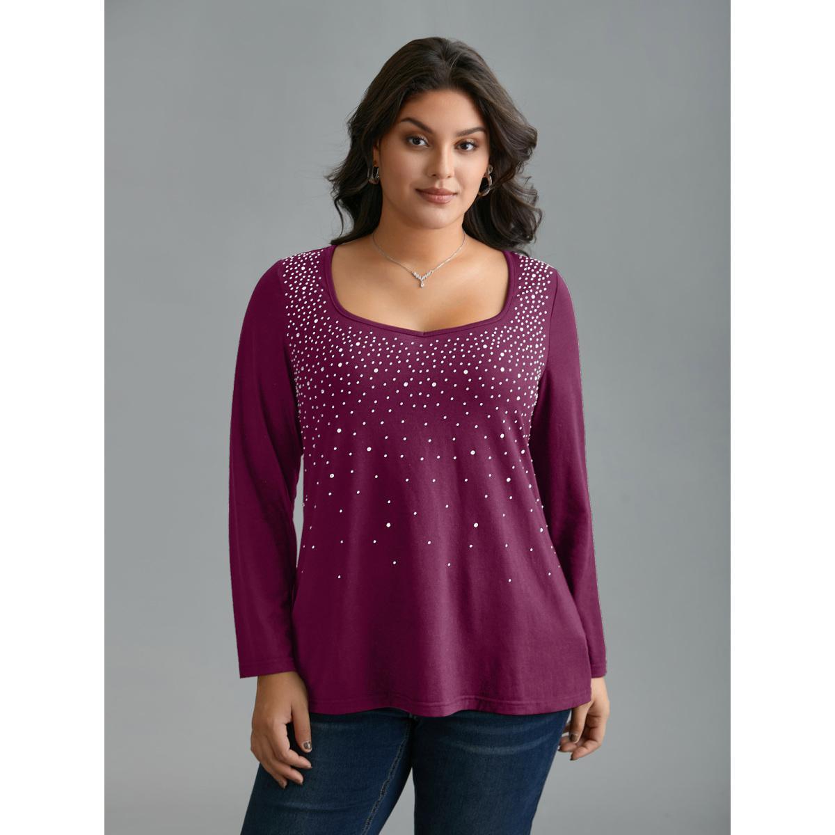 Plus Size Sequin Stretchy Long Sleeve T-shirt RedViolet Women Elegant Rhinestone detailing Heart neckline Everyday T-shirts BloomChic 26/4X Product Image