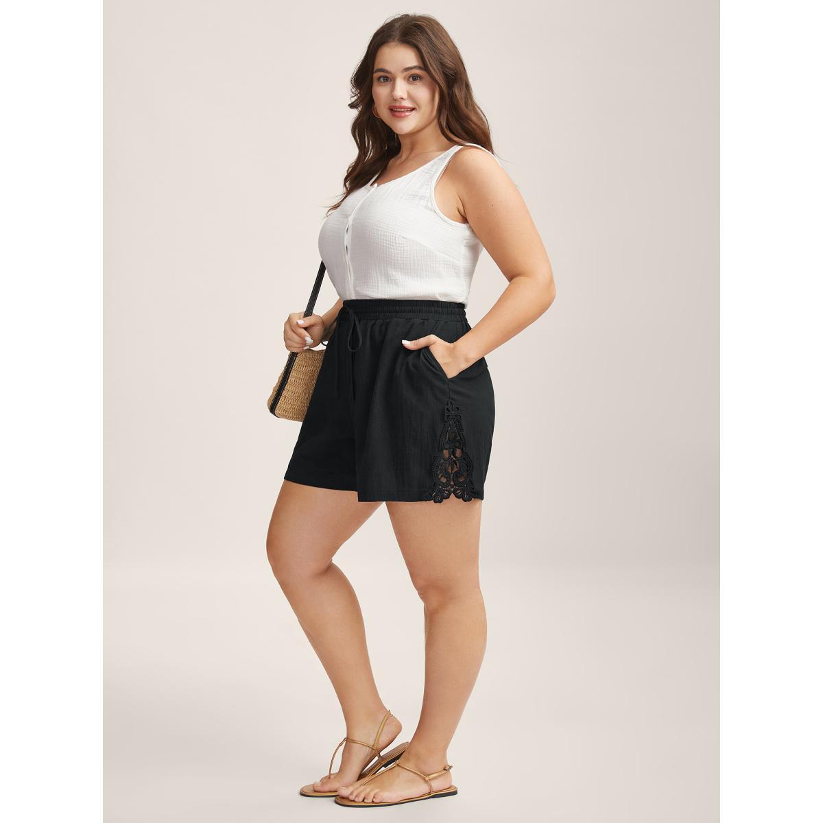 Plus Size Lace Trim Waist Drawstring Shorts Women Black Vacation Shorts BloomChic 18-20/2X Product Image