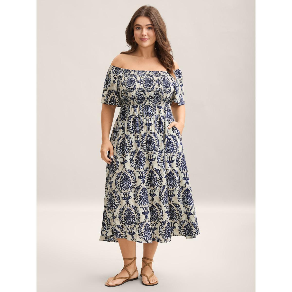 Plus Size Bandana Print Shirred Off Shoulder Dress DarkBlue Women Resort Non One-shoulder neck Short sleeve Curvy Midi Dress BloomChic 12/L Product Image
