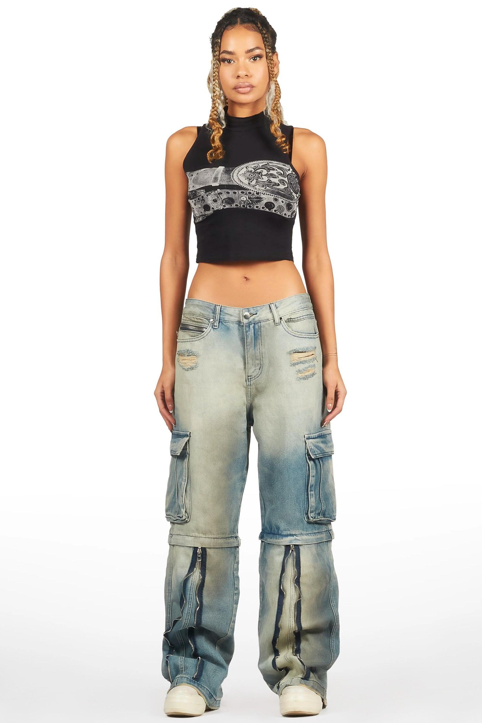 Blenda Tinted Dark Wash Baggy Cargo Jean Female Product Image