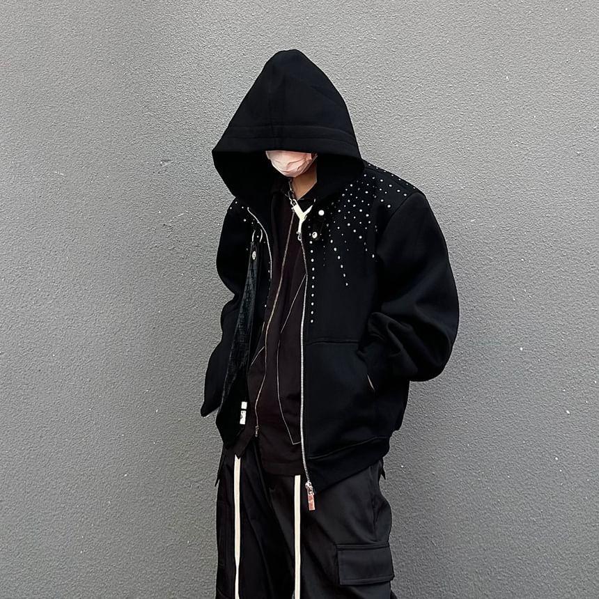 Rhinestone Zip-Up Hoodie Product Image