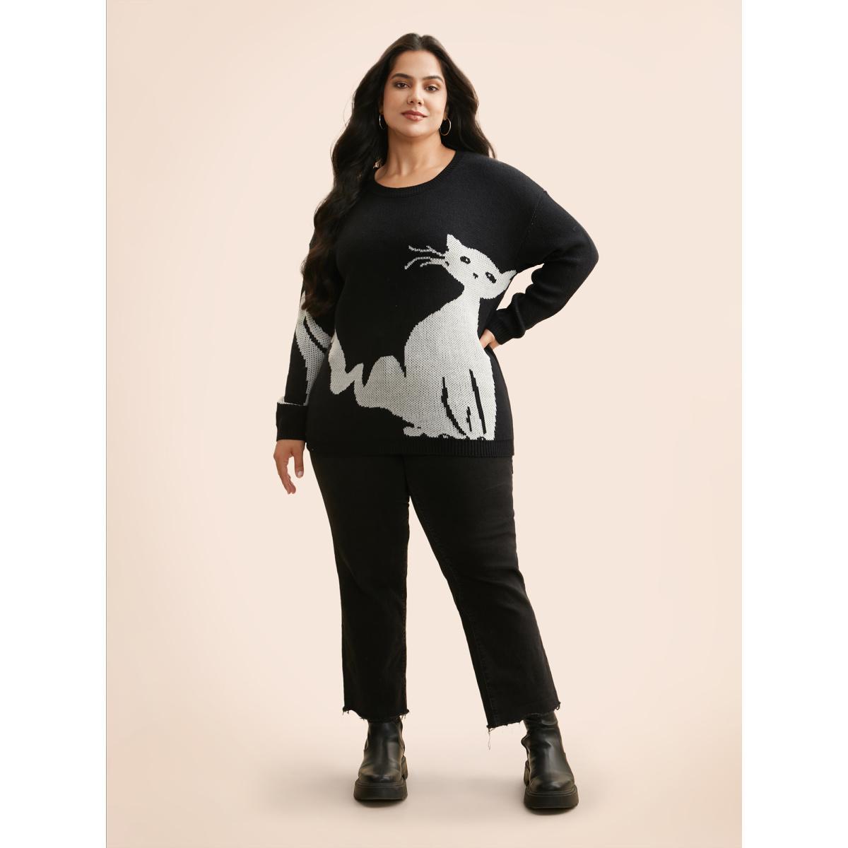 Plus Size Mystic Cat Knit Crew Neck Pullover Black Women Casual Long Sleeve Round Neck Everyday Pullovers BloomChic 30/6X Product Image