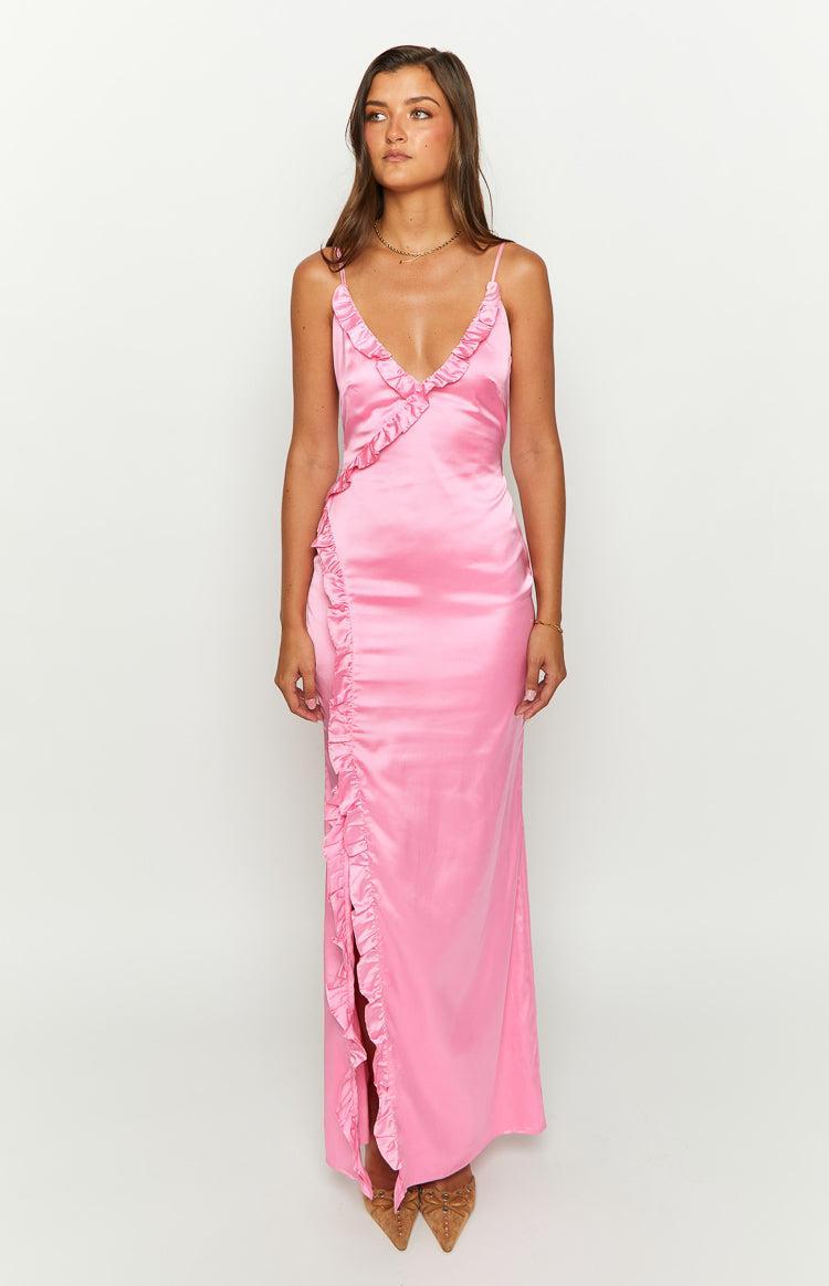 Nahanee Pink Satin Ruffle Maxi Dress Product Image