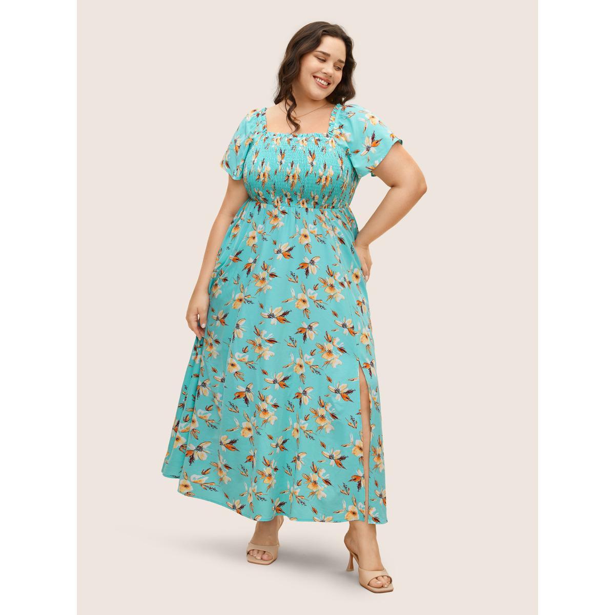 Plus Size Floral Shirred Elastic Waist Split Hem Dress Turquoise Women Elegant Frill Trim Square Neck Short sleeve Curvy BloomChic 14-16/1X Product Image