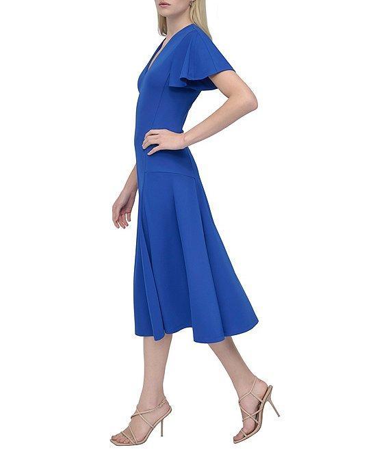 DKNY by Donna Karan Matte Jersey V Neck Short Sleeve Fit and Flare Midi Dress Product Image