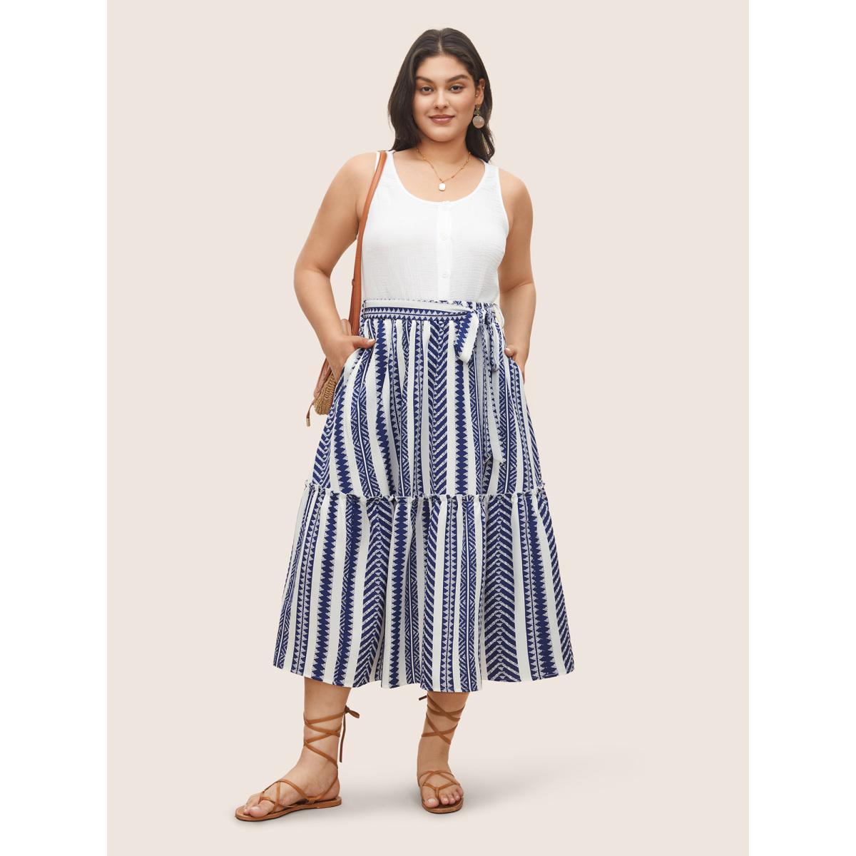 Plus Size Bandana Geometric Belted Patchwork Ruffle Hem Skirt Women Indigo Resort Non No stretch Slanted pocket Belt Vacation Skirts BloomChic 10/M Product Image