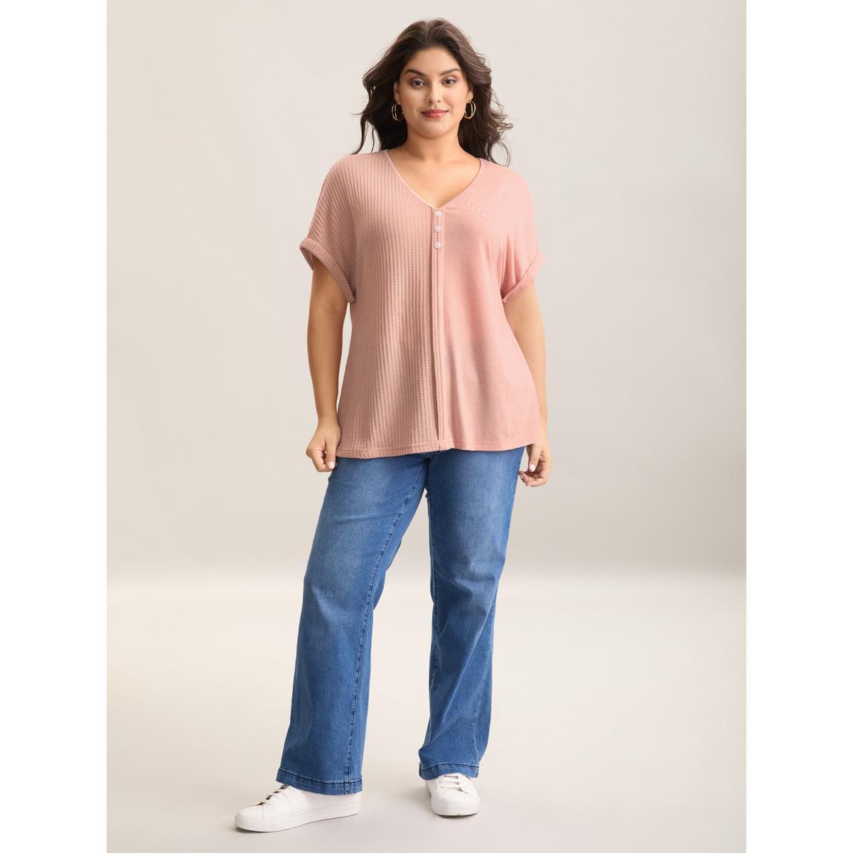 Plus Size Textured Button Detail Spliced T-Shirt Nudepink Women Texture V-neck Everyday-Casual T-shirts BloomChic 14-16/1X Product Image