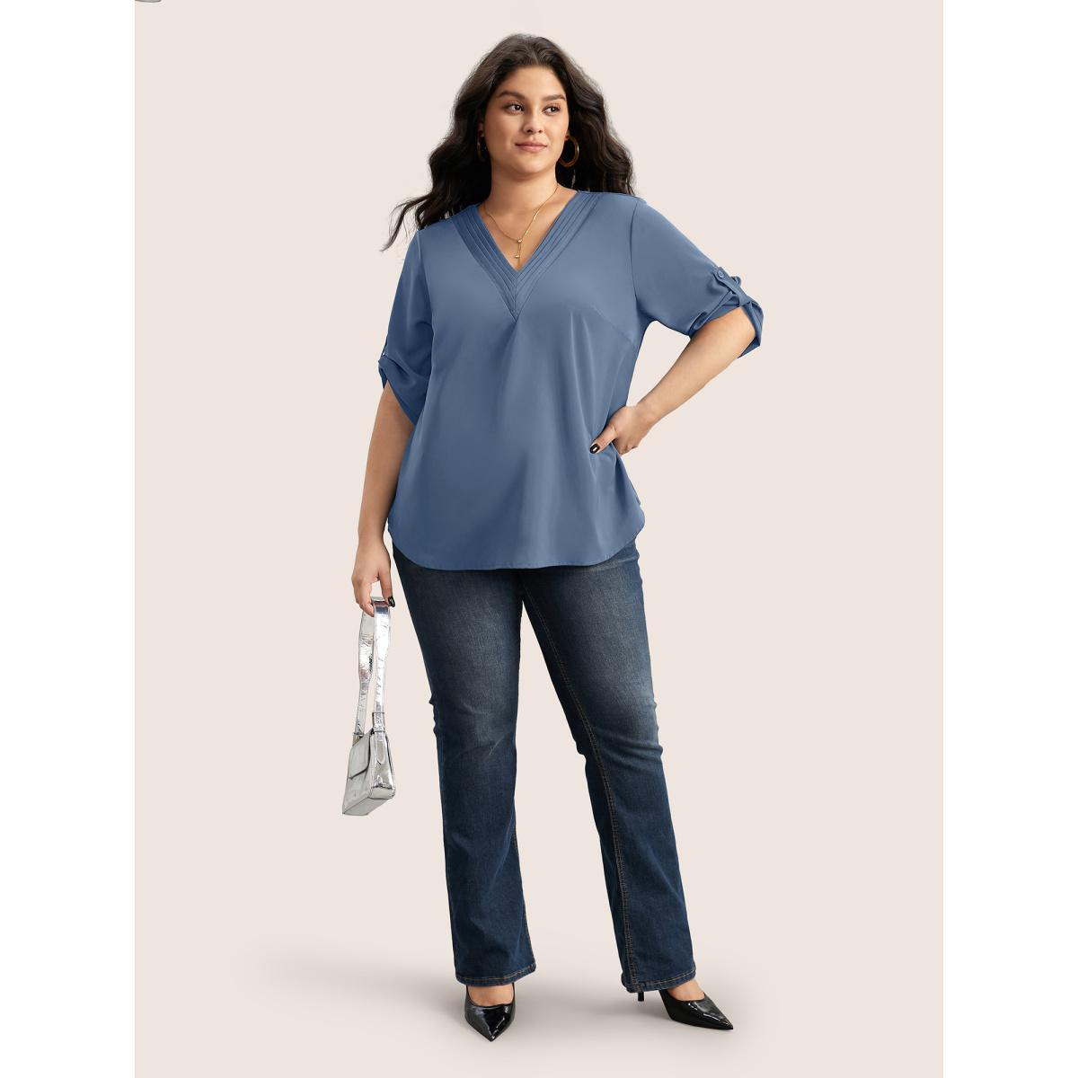 Plus Size Stone V Neck Plain Pleated Tab Sleeve Blouse Women At the Office Elbow-length sleeve V-neck Work Blouses BloomChic 14-16/1X Product Image