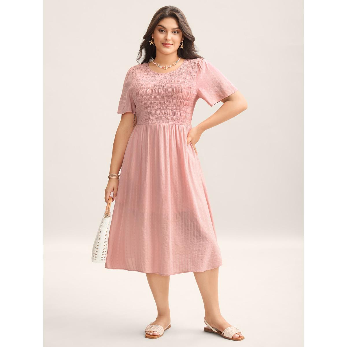 Plus Size Cotton Textured Shirred Bodice Pleated Midi Dress Crepe Women Round Neck Sleeveless Curvy BloomChic 10/M Product Image