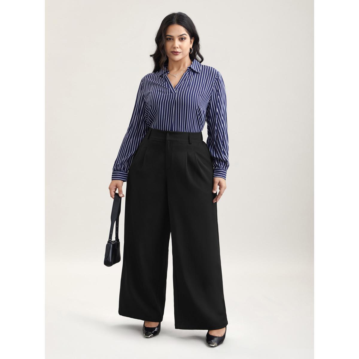Plus Size Very Stretchy Waist Flared Leg Pants Women Black At the Office Straight Leg Mid Rise Work Pants BloomChic 26/4X Product Image