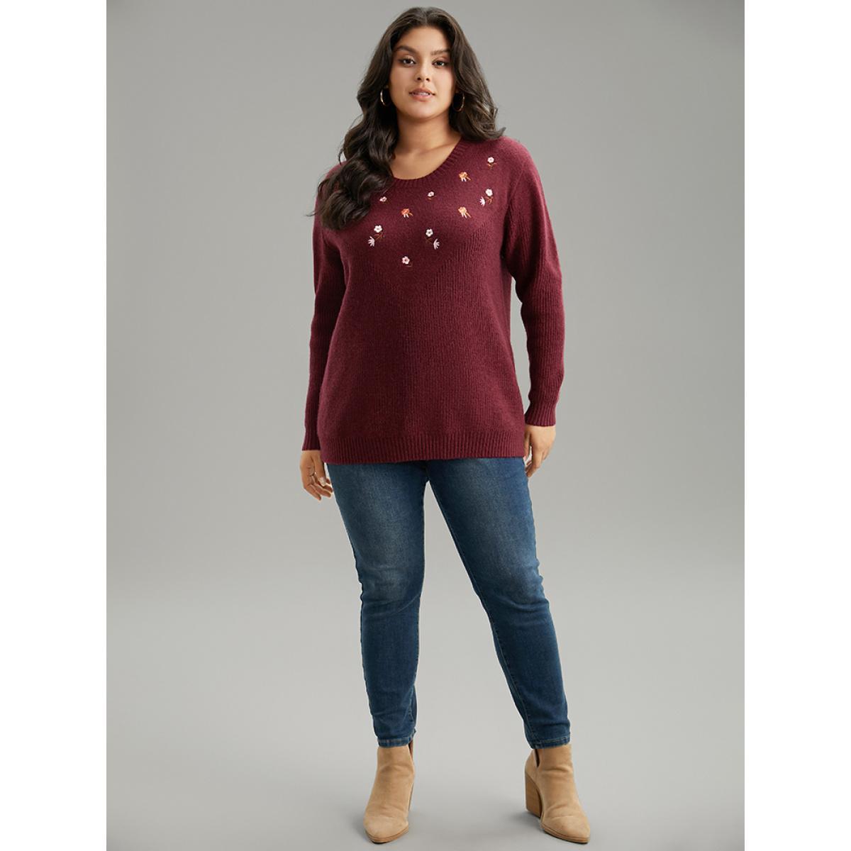 Plus Size Floral Embroidered Loose Elastic Cuffs Pullover Burgundy Women Casual Loose Long Sleeve Round Neck Dailywear Pullovers BloomChic 14-16/1X Product Image