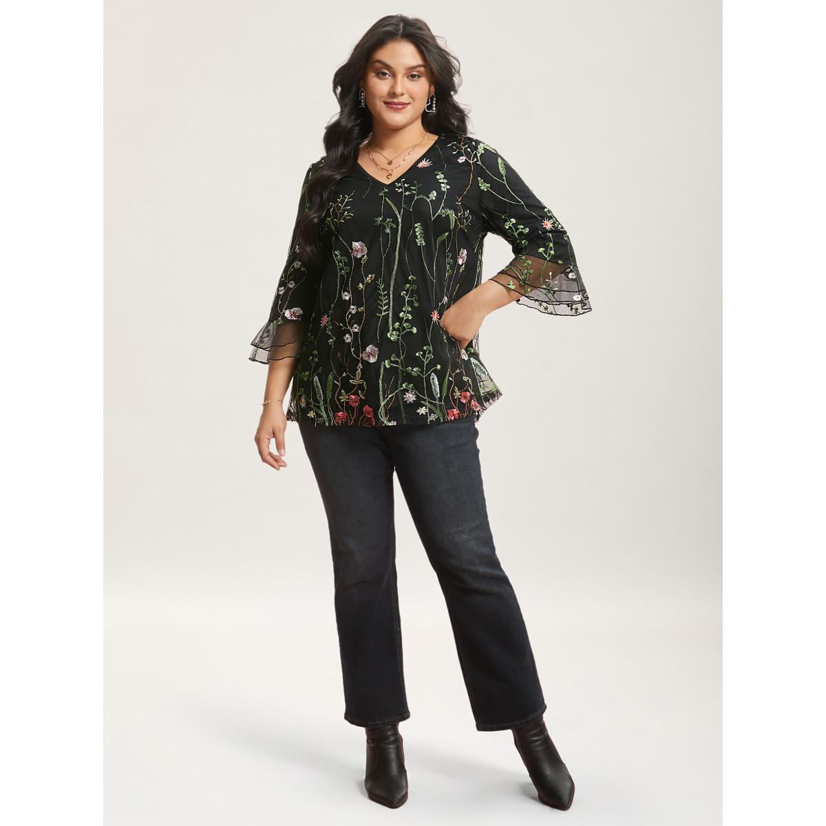 Plus Size Black Embroidered Mesh Lotus Leaf Sleeve Blouse Women Elegant Elbow-length sleeve V-neck Everyday Blouses BloomChic 18-20/2X Product Image